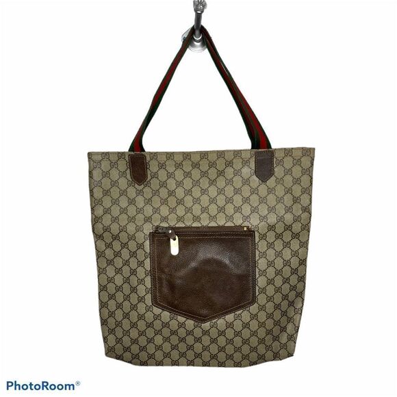 Gucci Vintage Monogram GG Shery Line Coated Brown Tan Strap Striped Bag Tote - Picture 2 of 12